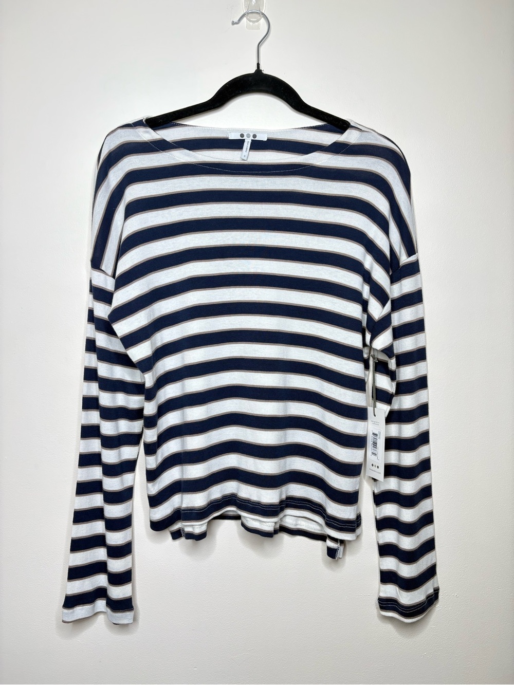Three Dots Rumi Long Sleeve Tee Brown White Striped Long Sleeve NWT - Picture 3 of 8